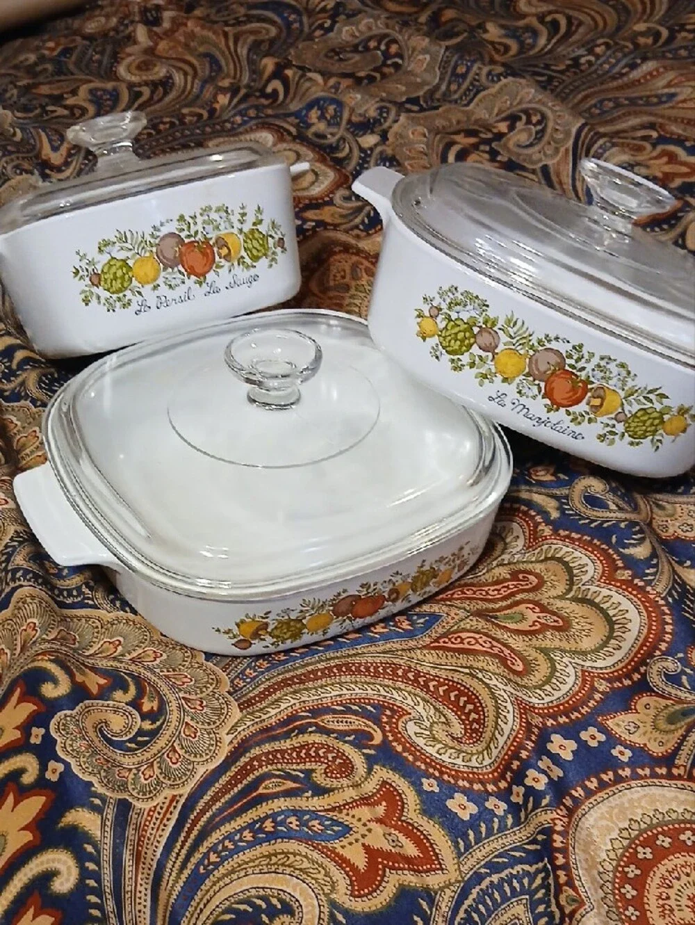 Pyrex White Casserole Set with Orange and Yellow Fruit Motif